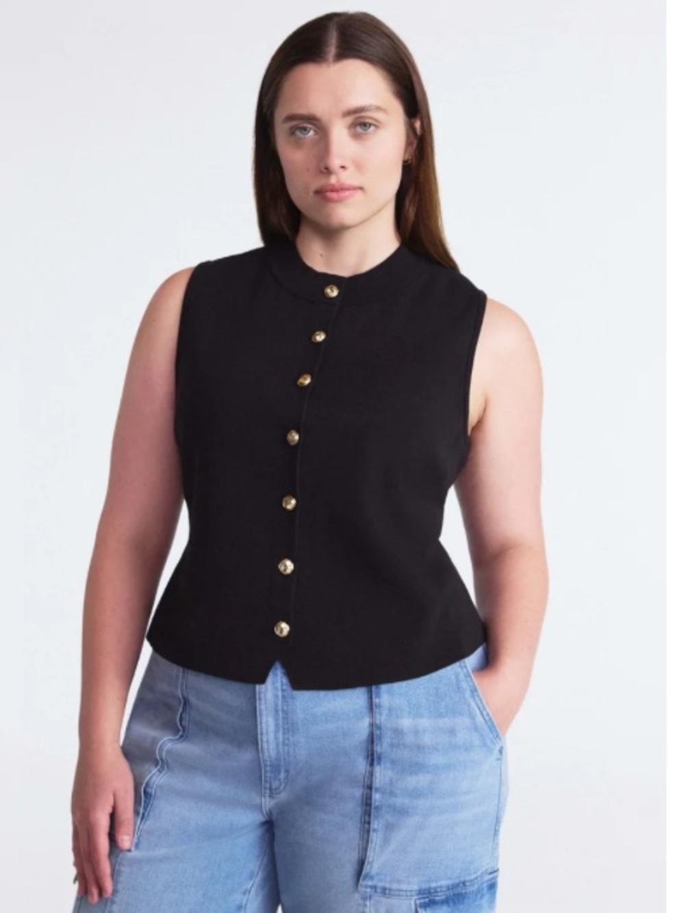 Scoop Sleeveless Black Button-Front Top